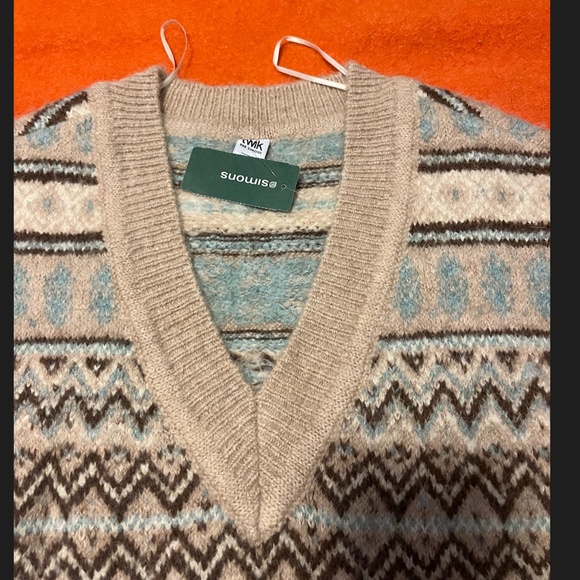 Retro cream & blue Scottish jacquard wool blend knit cropped V-neck sweater NWT - Picture 5 of 8